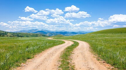 Obraz premium Winding dirt road through grassy hills, mountain backdrop, sunny day; travel, nature