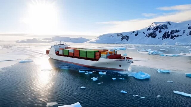 Cargo ship navigating icy Arctic waters highlighting climate change's impact on shipping routes