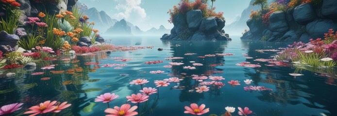 Colorful aquatic landscape with flowers floating on water ,  nature,  colorful
