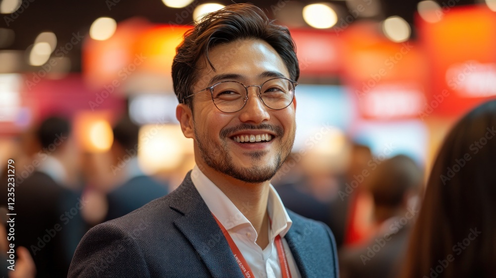 Poster smiling businessman at a vibrant networking event