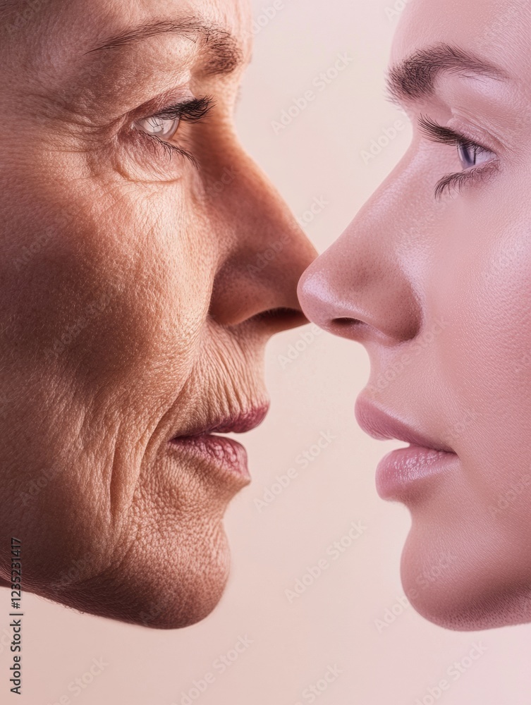 Aufkleber Contrast of youth and aging displayed in two faces reflecting life experiences and beauty. Generative AI