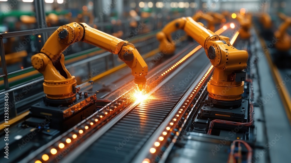 Poster industrial robots welding on an assembly line in a factory