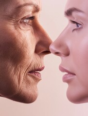 Contrast of youth and aging displayed in two faces reflecting life experiences and beauty. Generative AI