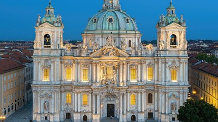 Fototapeta premium Illuminated Baroque Church Facade at Dusk in City
