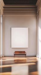 A minimalist art gallery featuring a blank canvas and a wooden bench in a spacious room.