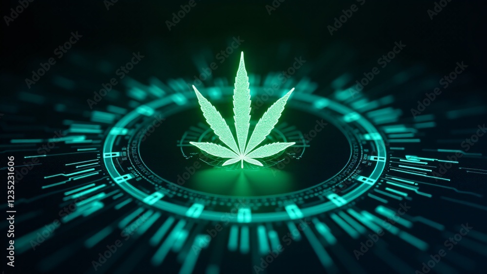 Poster a marijuana leaf surrounded by a rotating ring of digital data, glowing with neon blue and green lig