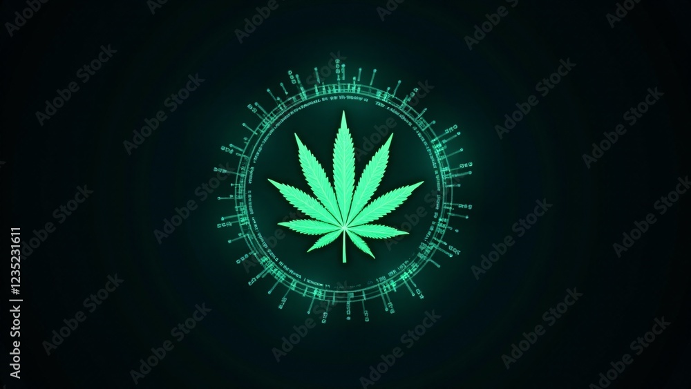 Poster a marijuana leaf surrounded by a rotating ring of digital data, glowing with neon blue and green lig