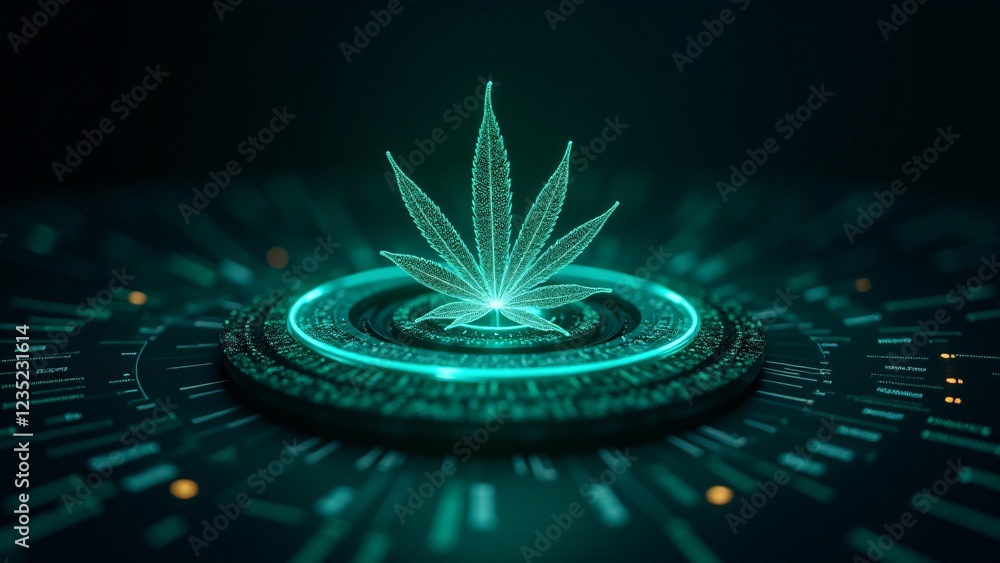 Poster a marijuana leaf surrounded by a rotating ring of digital data, glowing with neon blue and green lig