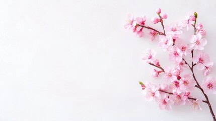 Obraz premium Pink cherry blossoms on white background, spring greeting card