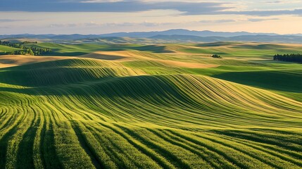 Obraz premium Vibrant green rolling hills under a golden sunset.