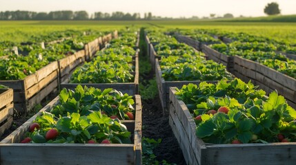 Vibrant strawberry fields at sunrise, showcasing lush green plants in wooden crates.