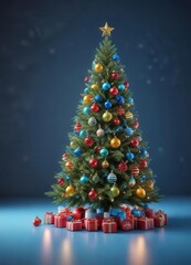 Fototapeta premium Colorful Christmas tree on a blue background with festive ornaments and lights , decoration, christmas tree