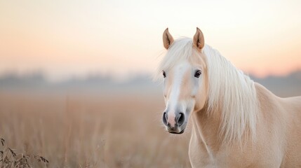 Obraz premium Palomino horse in autumn field at sunrise; peaceful nature scene, perfect for equine or nature websites