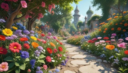 Colorful flowers blooming in a whimsical garden,  botanicals,  doodles