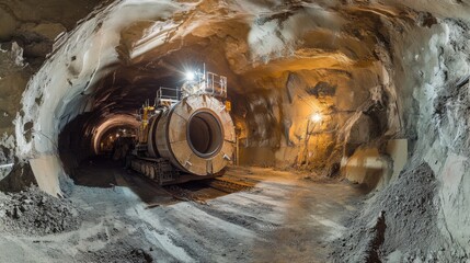 A panoramic view of a tunnel boring machine drilling through rock underground, Tunnel construction scene, Infrastructure development style