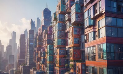 Colorful geometric patterns on a modern cityscape,  vibrant,  futuristic