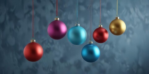 Colorful modern Christmas ornaments hanging on a blue background,  decorations,  christmas