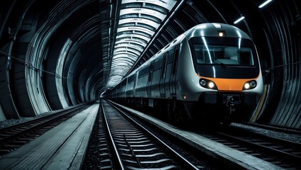 Naklejka premium Modern train entering dark tunnel with metallic reflections and urban ambiance
