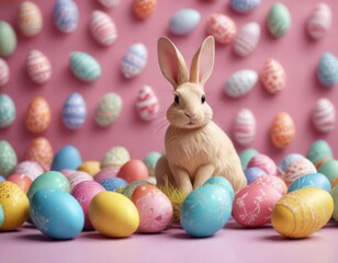 Colorful paper cut rabbit sitting on decorated Easter eggs ,  pastel colors,  rabbits