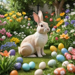 Obraz premium Colorful paper cut rabbit surrounded by eggs and spring flowers in a garden scene, eggs, spring