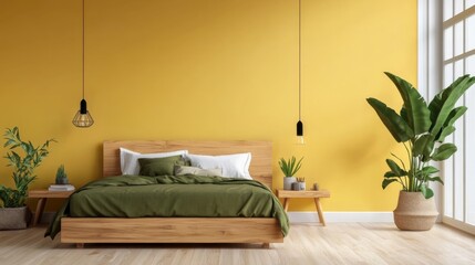 A minimalist bedroom with soft yellow walls, a low-profile bed with olive green linens
