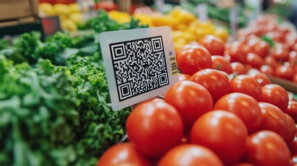 Fresh red tomatoes with QR code sign in a vibrant market setting.
