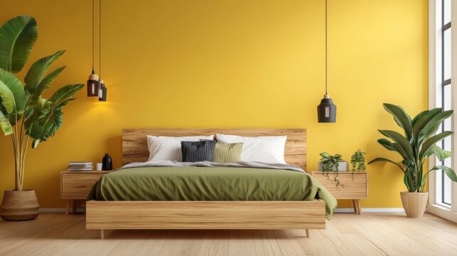 A minimalist bedroom with soft yellow walls and desinger light