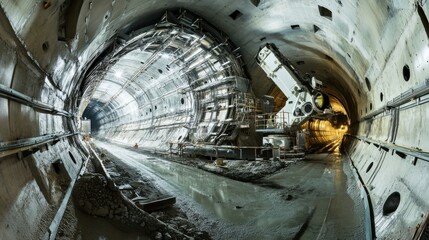 A panoramic view of a tunnel boring machine in operation, Tunnel construction scene, Infrastructure advancement style