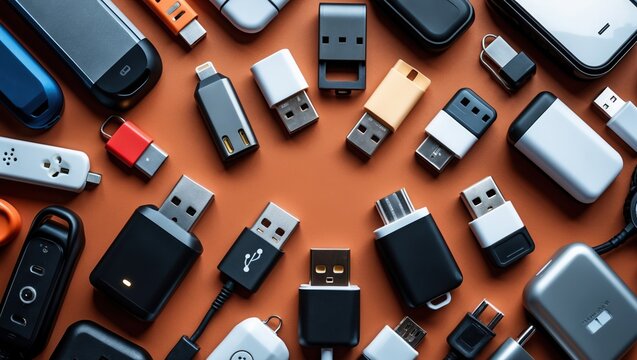 Diverse USB Drives and Chargers - Abstract Background