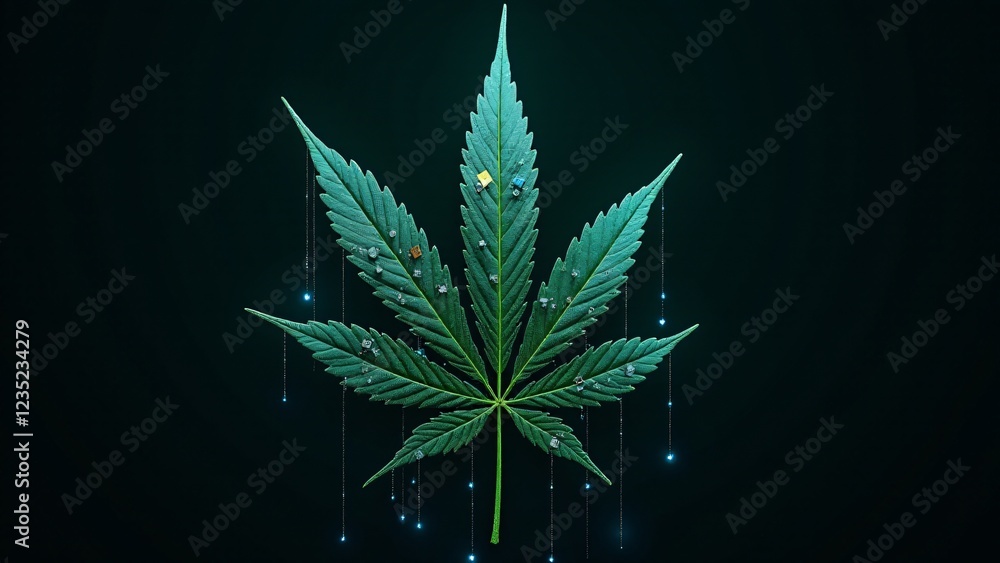 Poster a marijuana leaf embedded with glowing microchips, connected by thin metallic wires sparking with bl