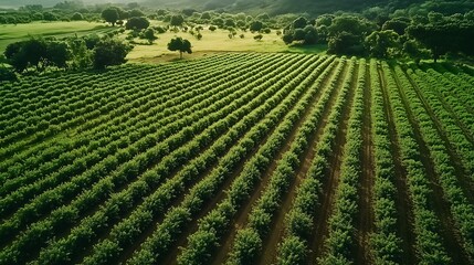 Aerial view of lush green vineyards under soft sunlight, creating a serene and tranquil landscape.