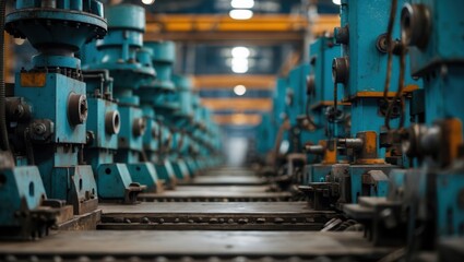 Naklejka premium Industrial machinery with blue elements in a factory setting showcasing manufacturing process.