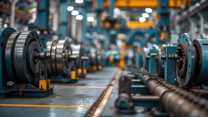 Industrial workshop with vibrant machinery components and chain systems.