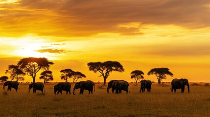 Fototapeta premium A panoramic view of a vast savanna at sunset, with acacia trees silhouetted against the golden sky and a herd of elephants grazing peacefully, Savanna scene