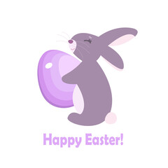 Cute smiling rabbit with colorful Easter egg in paws on white background. Cartoon spring scene for traditional greeting cards. Flat design illustration in bright colors. Happy Easter greeting.