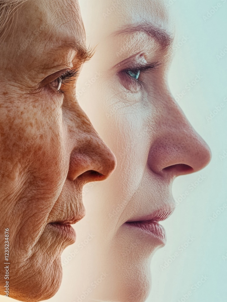Poster contrast of youth and age captured in two faces side by side showcasing the passage of time and its 