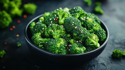 Roasted broccoli in bowl on dark surface with spices