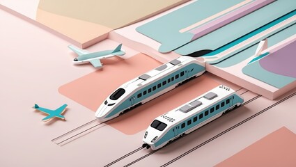 Fototapeta premium Colorful modern trains and airport elements with pastel geometric shapes.