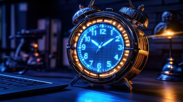 Retro alarm clock glowing in a dimly lit study