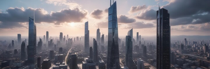 Fototapeta premium Contemporary cityscape with minimalist skyscraper and vast urban landscape, contemporary, modern architecture