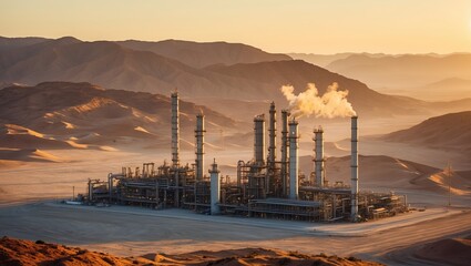 Industrial complex with mountains at sunset and steam rising