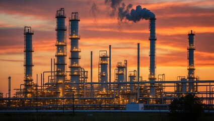 Vibrant sunset over industrial refinery with smokestacks and bright lights.