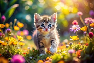 Adorable Kitten Playing Amongst Flowers: Tilt-Shift Coloring Page