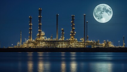 Fototapeta premium Illuminated oil refinery with full moon reflections at night.