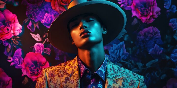 Vibrant portrait of a model against a floral background, showcasing bold fashion and striking colors, suitable for fashion campaigns and editorial use.