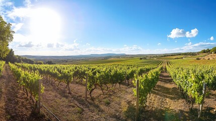 Naklejka premium A panoramic view of a vineyard during harvest season, Vineyard scene, Winemaking tradition style