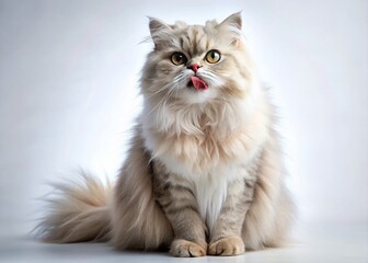 Fototapeta premium Adorable Persian Cat Licking Itself, Isolated on White Background - Stock Photo