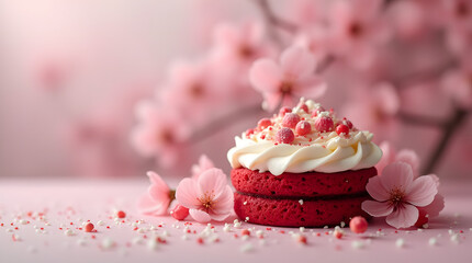 Creative food idea: Mini red velvet cake with toppings, sprinkles and cherry blossom petals on a blurred background.