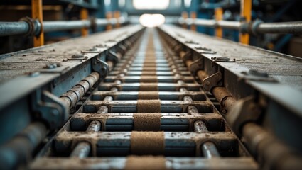 Industrial conveyor belt with metal rollers in factory setting.