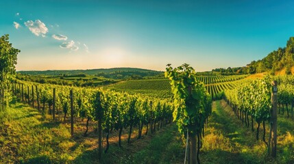 Naklejka premium A panoramic view of a vineyard during harvest season, Vineyard scene, Winemaking tradition style